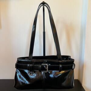 Nollia Black Patent Leather Belted Shoulder Bag with Keychain Loops